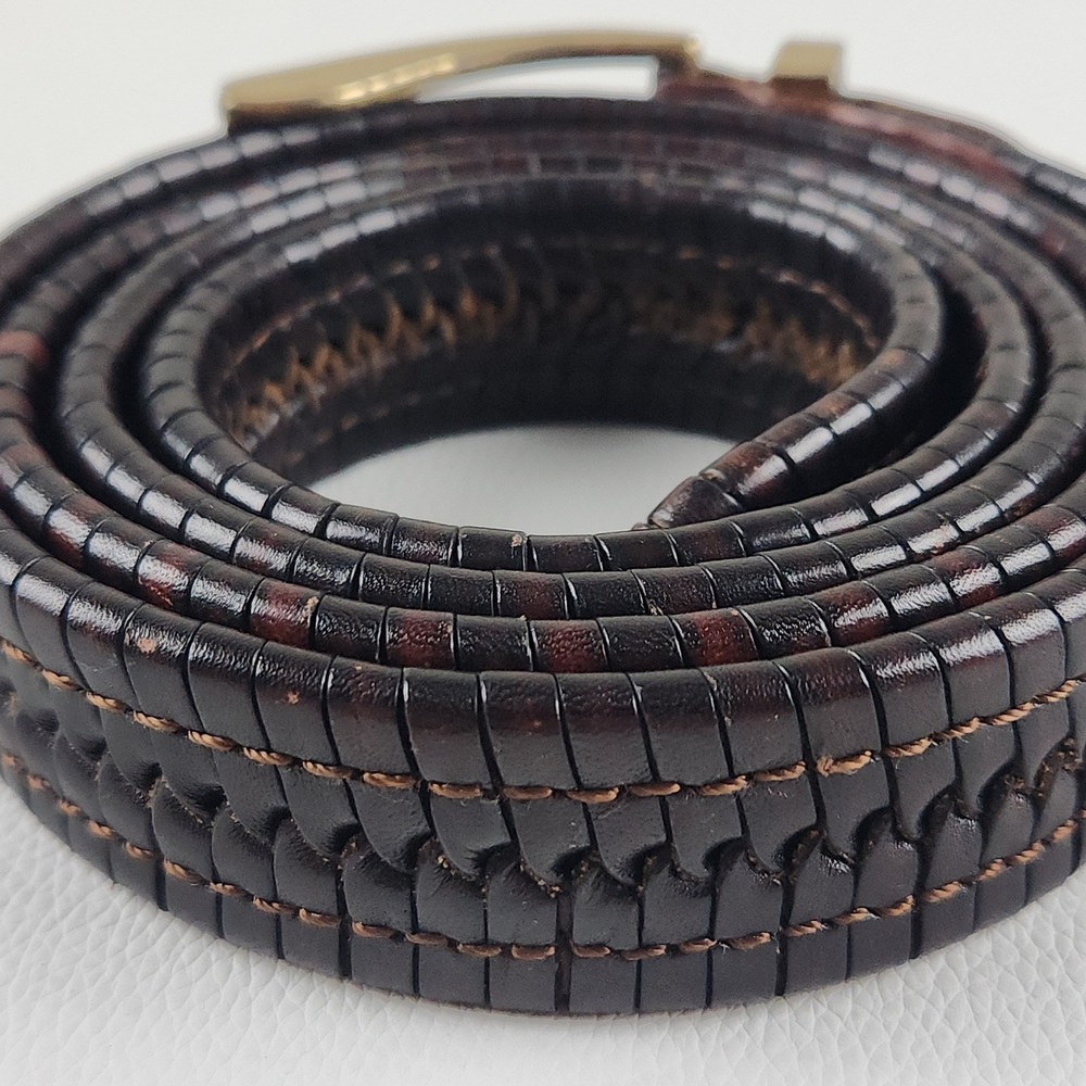 Full Grain Italian Leather Woven Belt Dark Brown Gold Buckle Adjustable 110 /44